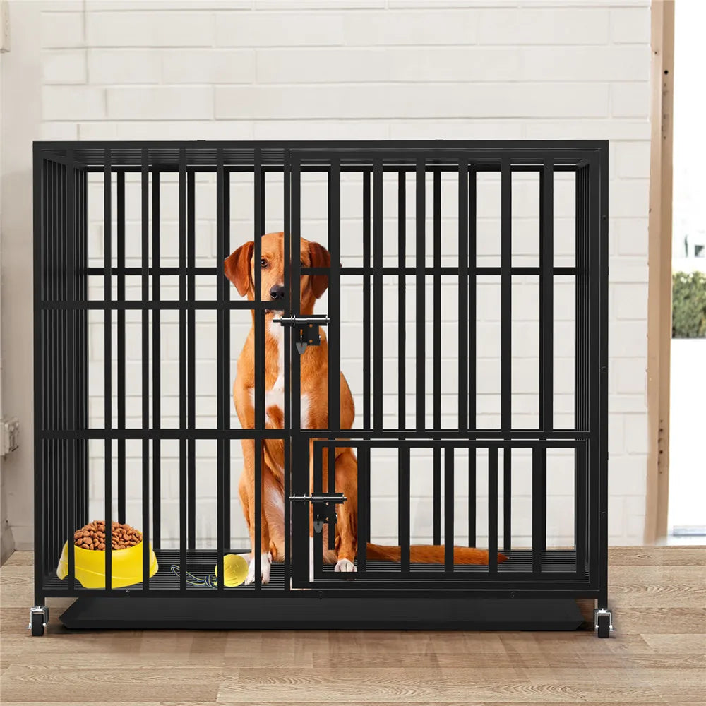 BINGOPAW Heavy Duty Metal Dog Cage With Three Doors Wheels