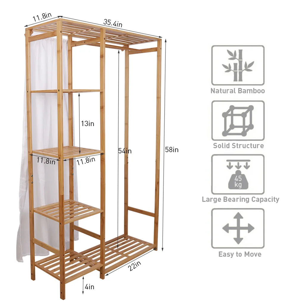 BINGOPAW Bamboo Wood Clothing Rack With Shelves And Hooks
