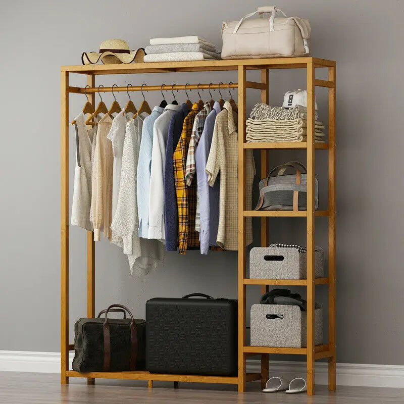 BINGOPAW Bamboo Wood Clothing Rack With Shelves And Hooks
