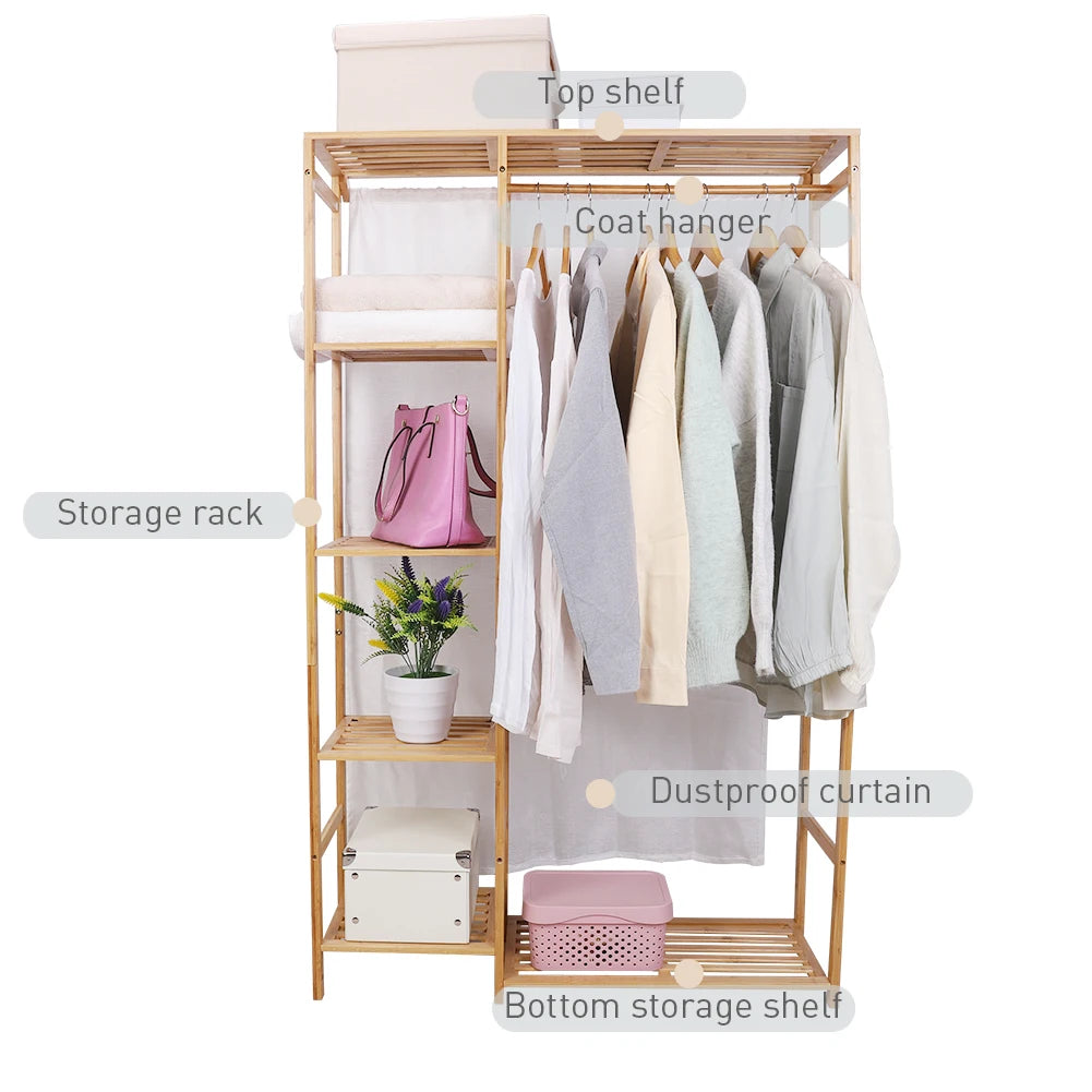 BINGOPAW Bamboo Wood Clothing Rack With Shelves And Hooks