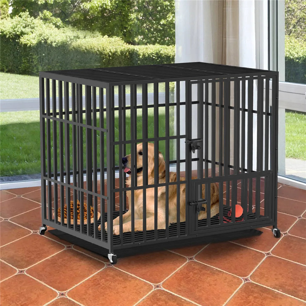 BINGOPAW Heavy Duty Metal Dog Cage With Three Doors Wheels