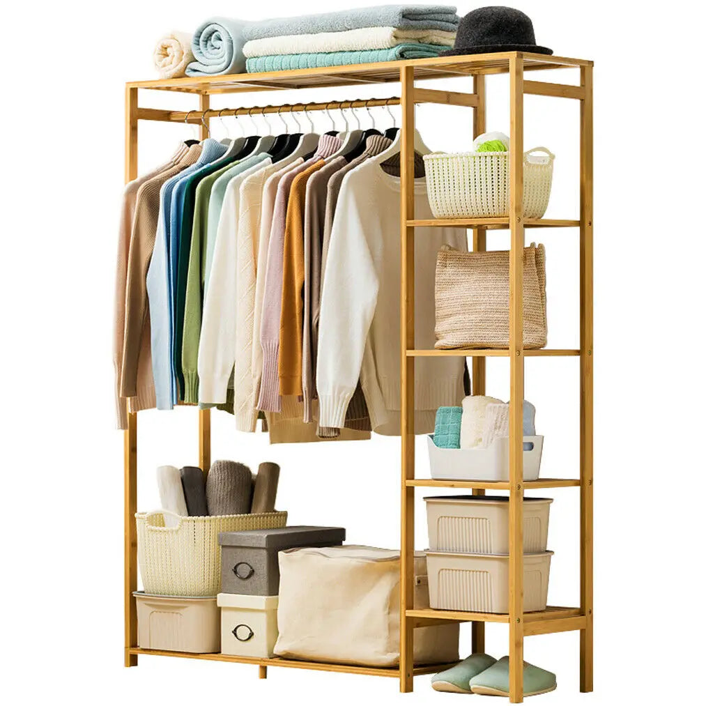 BINGOPAW Bamboo Wood Clothing Rack With Shelves And Hooks