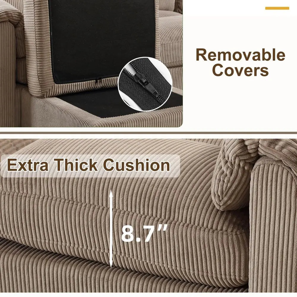 Modern Corduroy Sofa Set with Plush Cushions and Rolled Arms