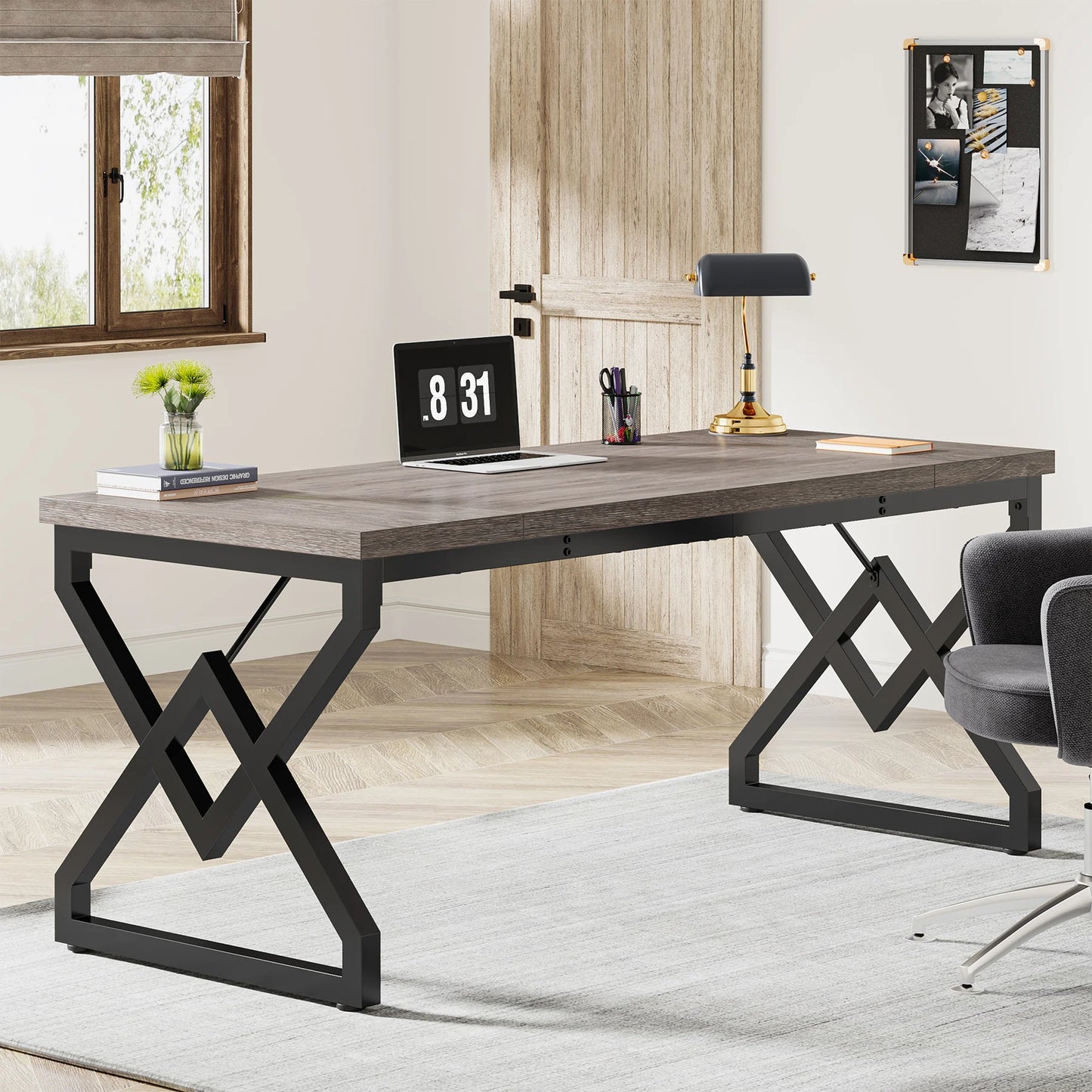 Tribesigns 63" Large Industrial Executive Desk with Extra Thickened Tabletop & Metal Frame, Heavy-Duty Home Office Desk