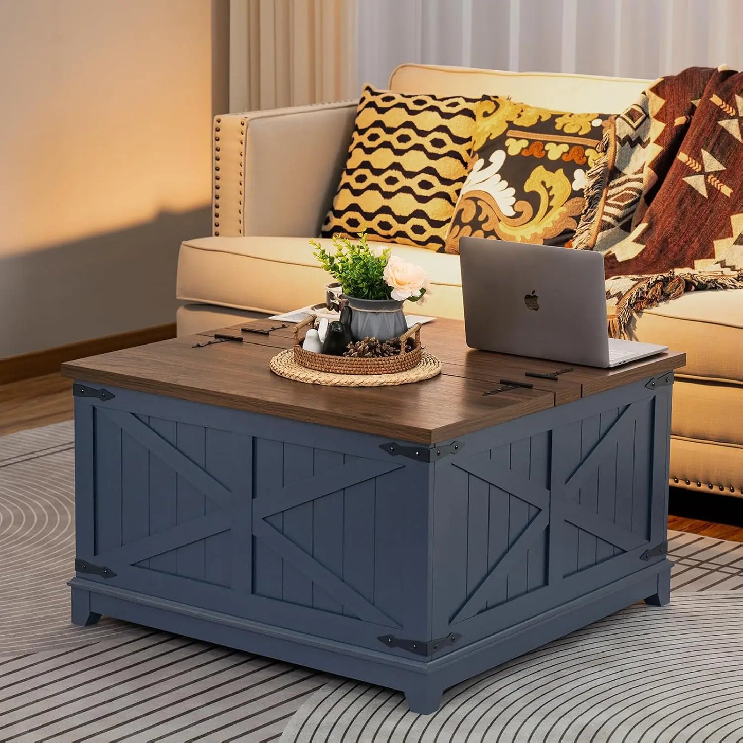 Farmhouse Wood Coffee Table Set With Glass Barn Door Furniture