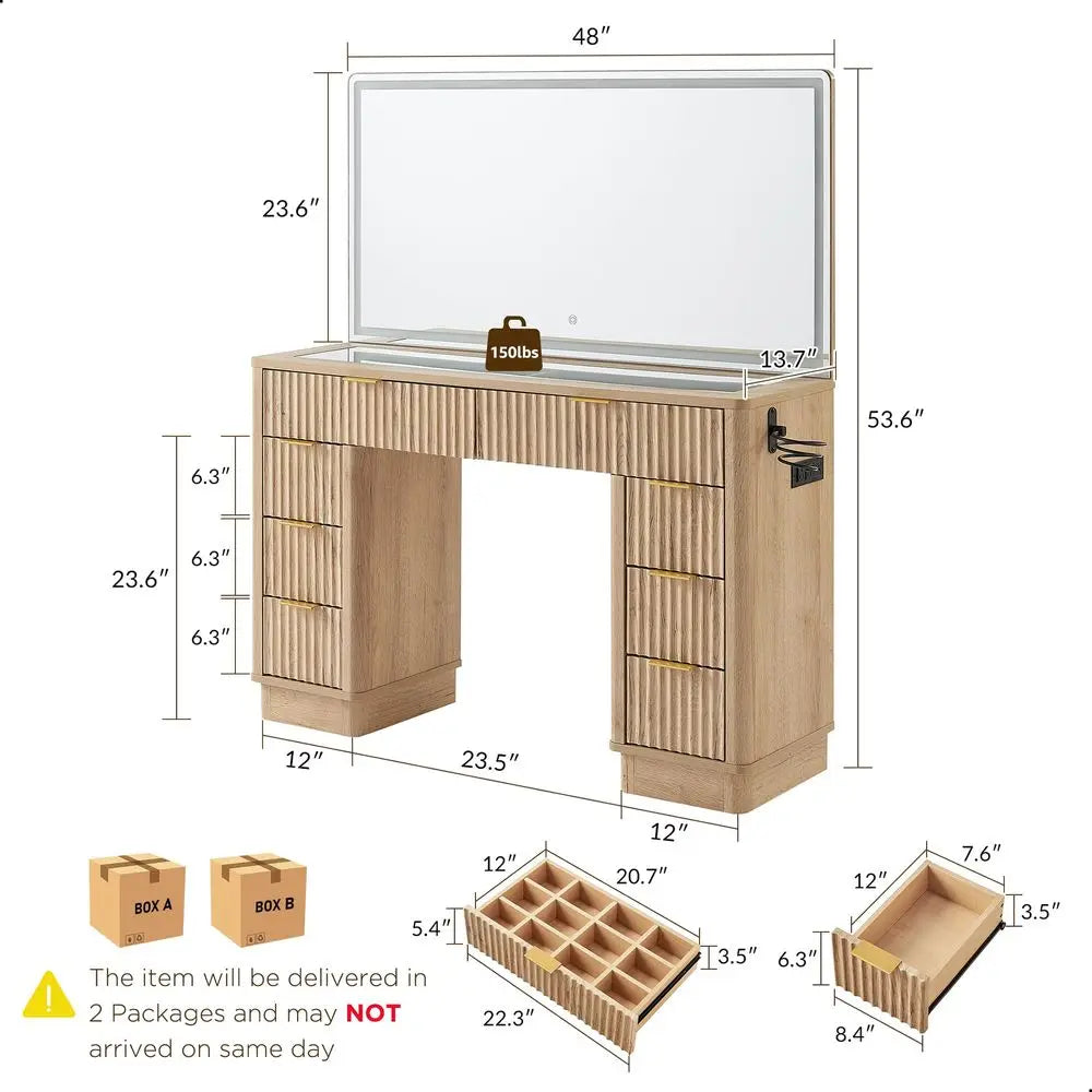 48 Fluted Makeup Vanity Desk with Large Led Lighted Mirror, Modern Vanity Table with 8 Drawers amp Charging Station, Glass Top