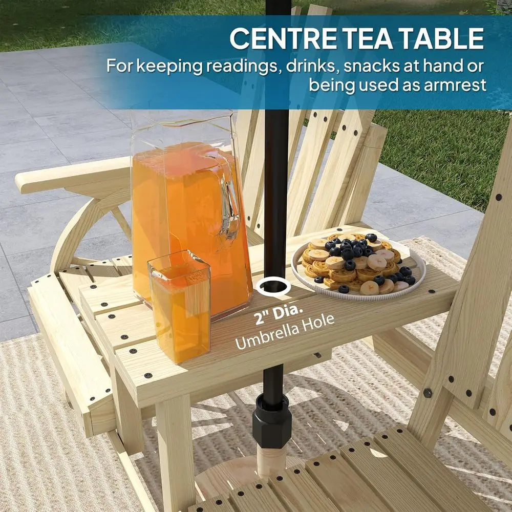 2-Seater Wooden Garden Bench with Table, Umbrella Hole, Wagon Wheel Design, Slatted Seat, High Backrest, Armrests