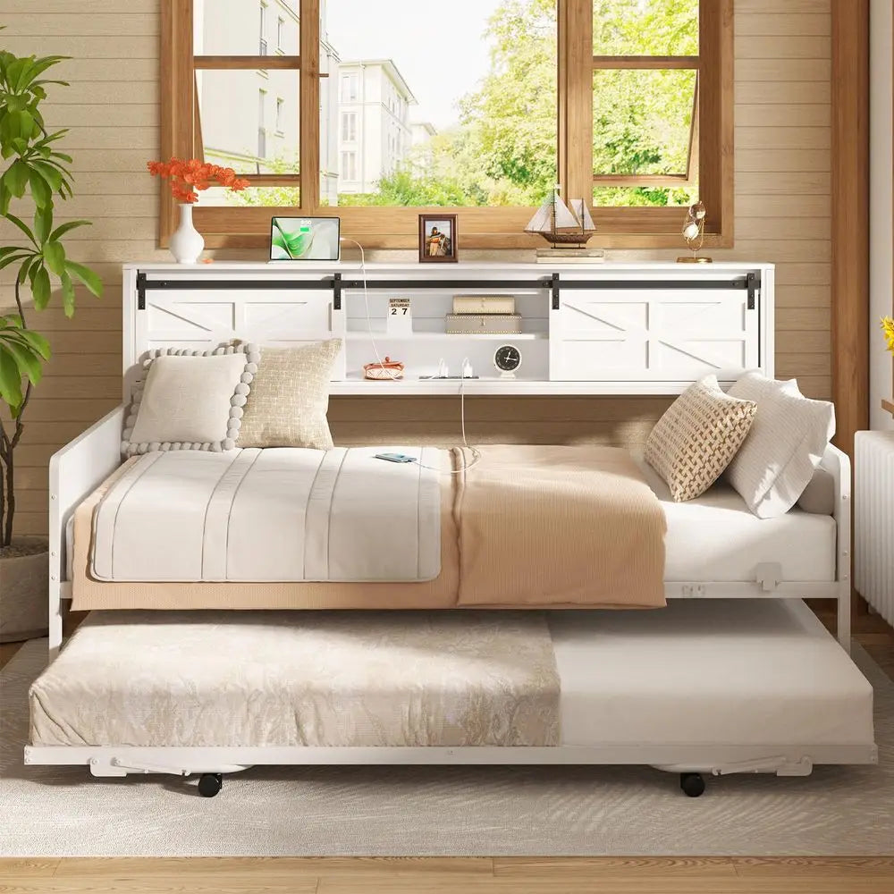 Farmhouse Twin Daybed with PopUp Trundle, Metal Trundle Bed Frame with Bookcase Headboard, Charging Station amp Barn Door Stora