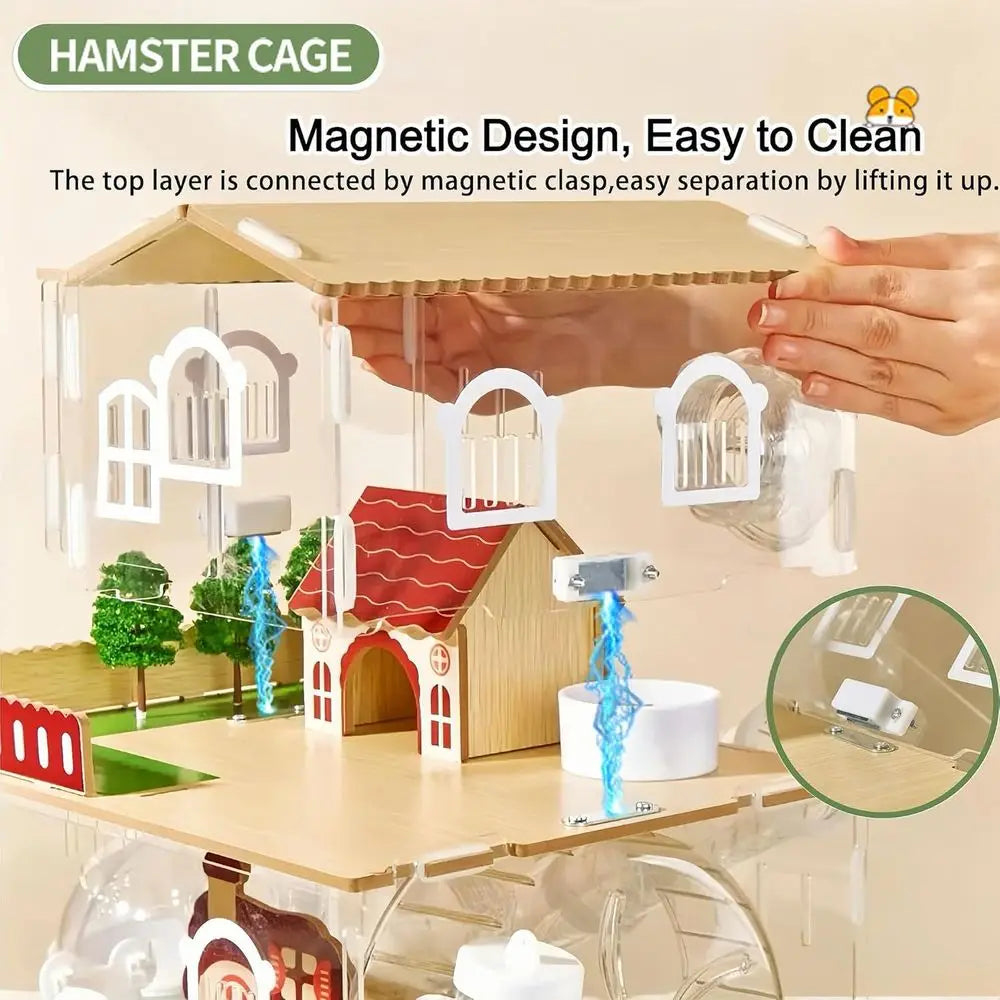 17 in 1 Clear Acrylic Hamster Cage with All Accessories, 13.5''L x 10''W x 21''H Dwarf Hamster Cage, Magnetic Contion Small Hams