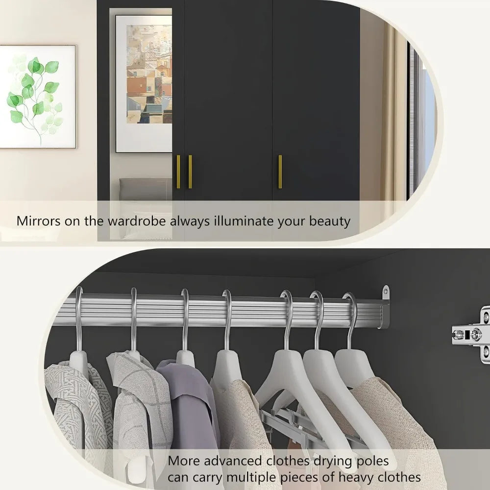 3 Door Wardrobe Closet with Mirror LED Lights, Bedroom Armoire with Drawers Shelves, Black