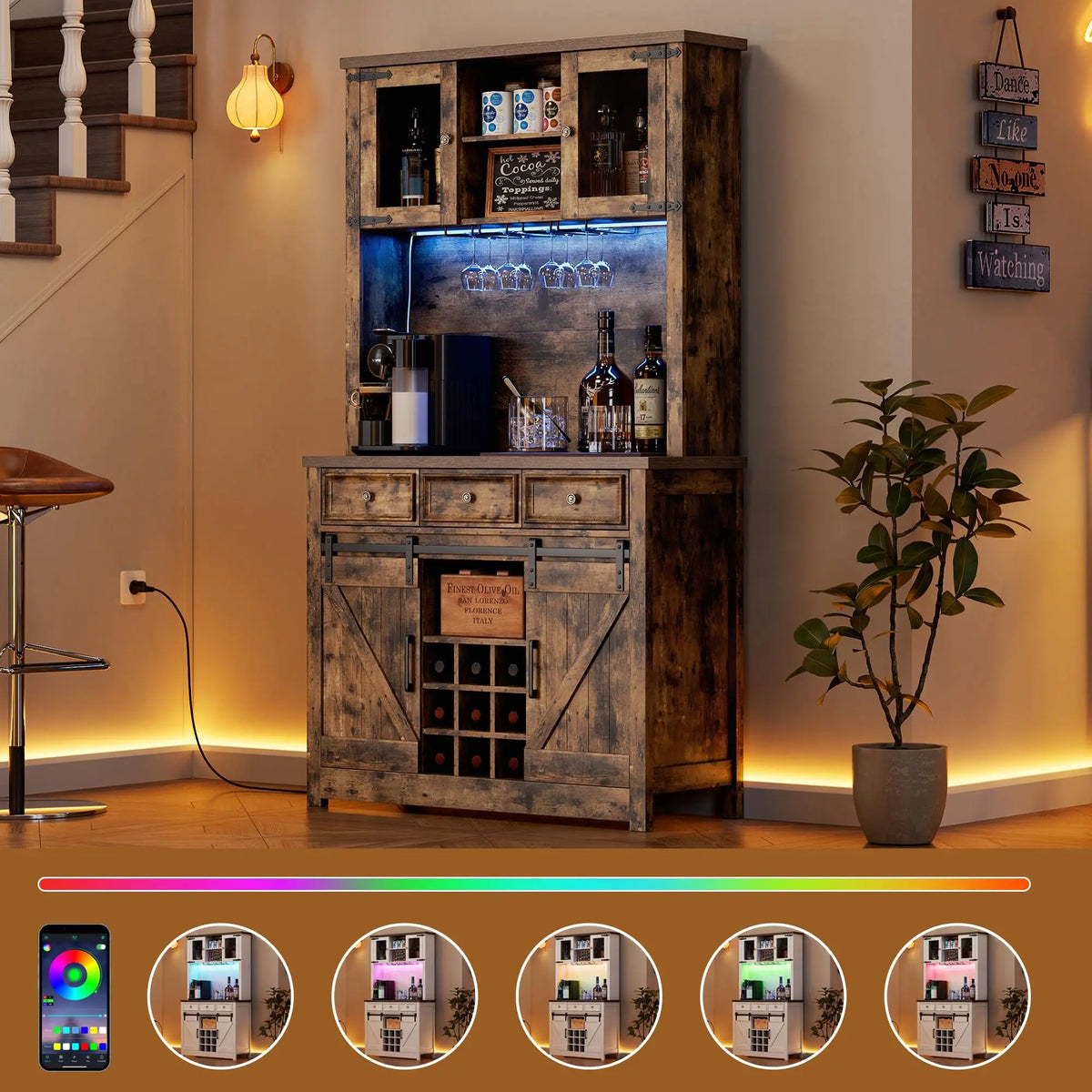 HiMISS Farmhouse Coffee Bar Cabinet With LED Lighting Wine Rack