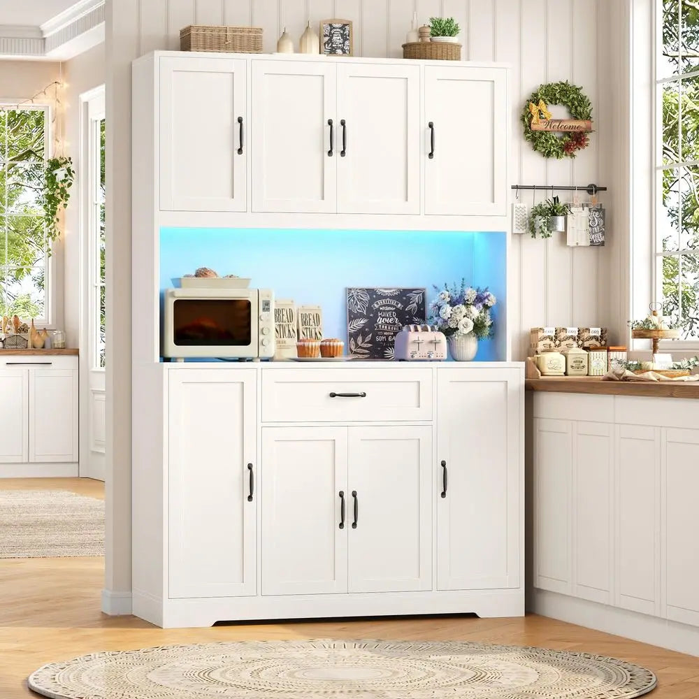 70 LED Kitchen Pantry Cabinet with Charging Station, 47 Wide Pantry Storage Cabinet with Large Microwave Stand, Modern Kitchen