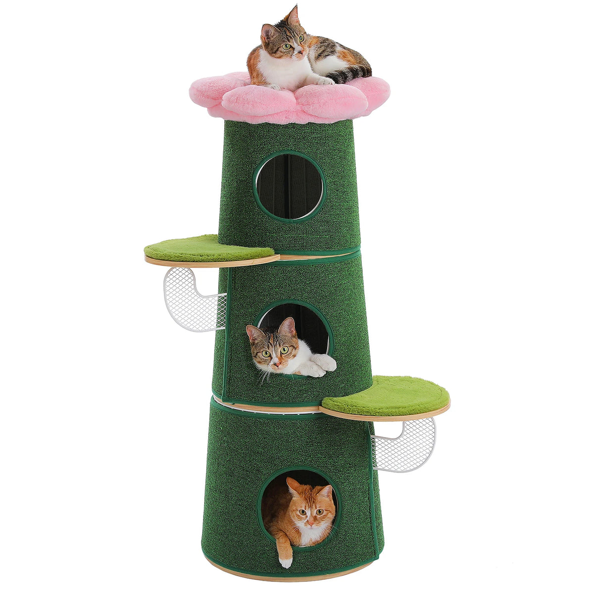 Modern Cat Tree with 3 Large Condos Aesthetic Cat Tower with Flower Perch Metal Frame Full-Wrap Scratching Pad Multi-Level Cat Bed House Wood Cat Furniture for Indoor Cats