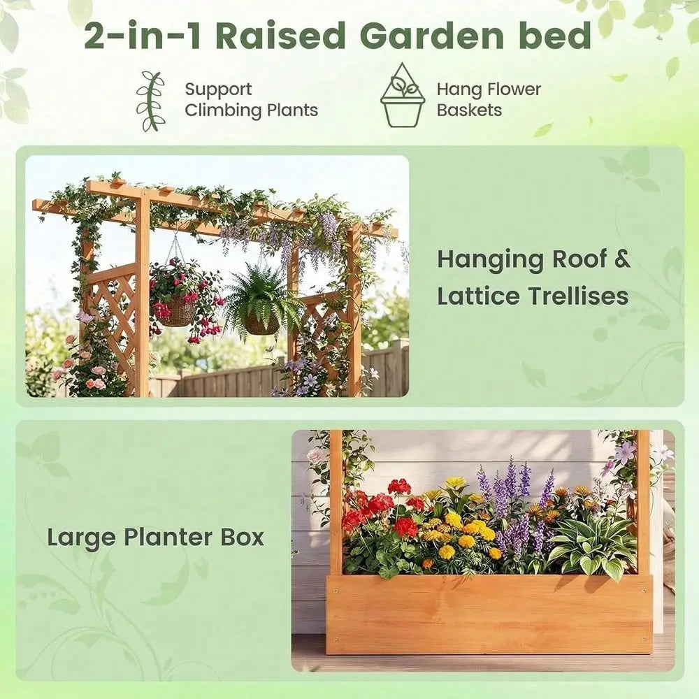 Garden Bed With Trellis, Wood Planter Box W Trellis, Hanging Roof, Drainage Holes, Freestanding Planter Raised Bed For Outdoor