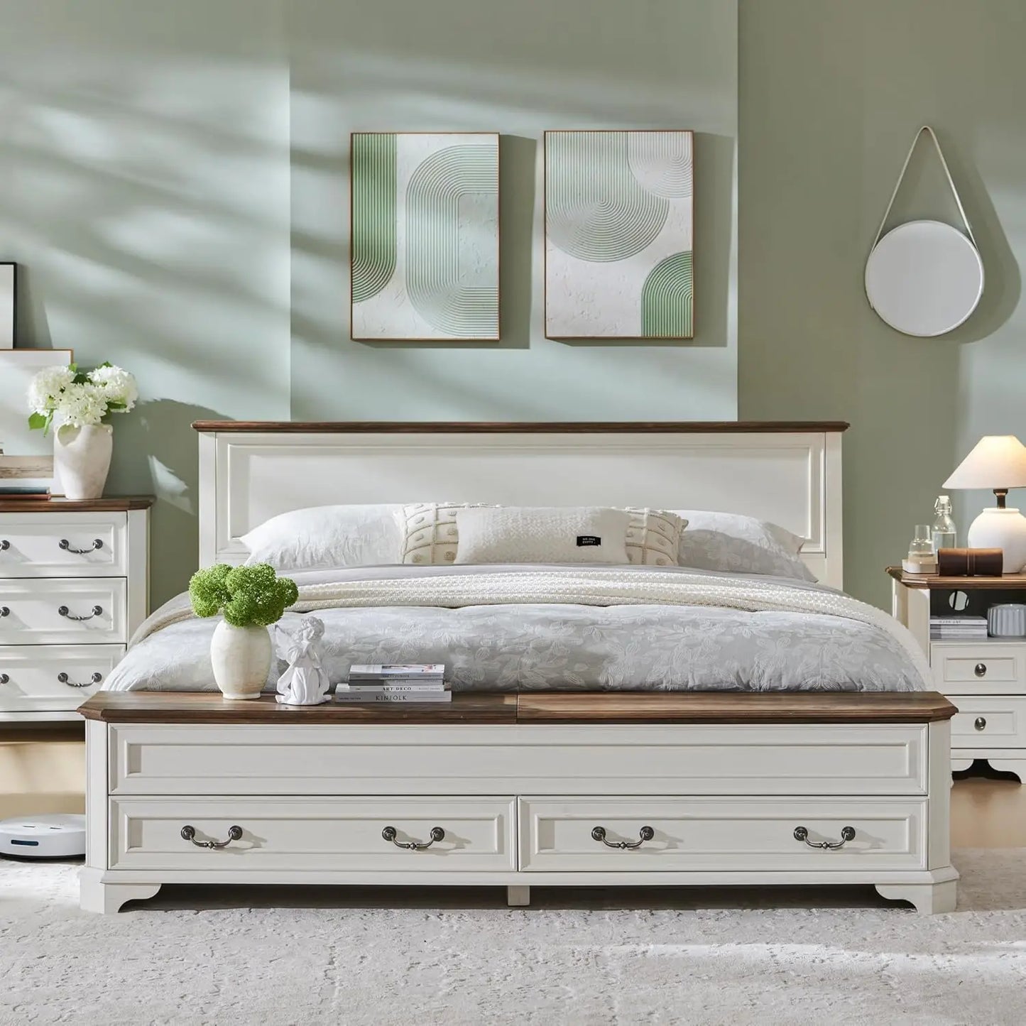 Farmhouse King Bed with Headboard and Storage Bench, Rustic Wood Platform Bed with 80" Storage Chest w/ 4 Large, Customized