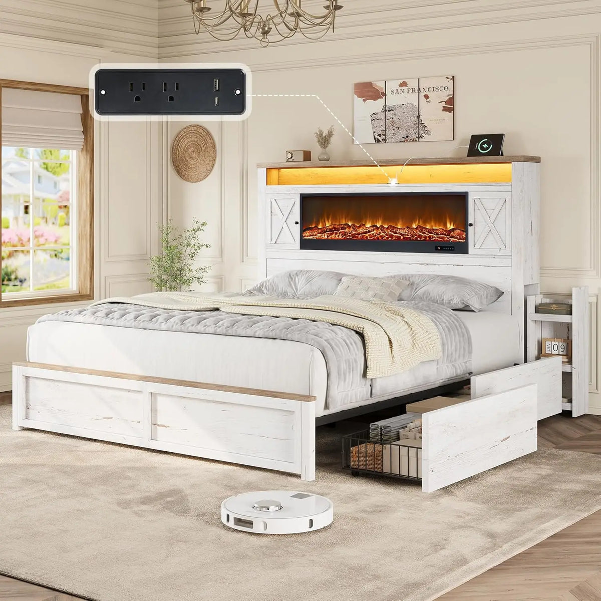Queen Fireplace Storage Platform Bed with Headboard Barn Cabinets 4 Drawers 2 Racks RGB LED Charging Black Customized