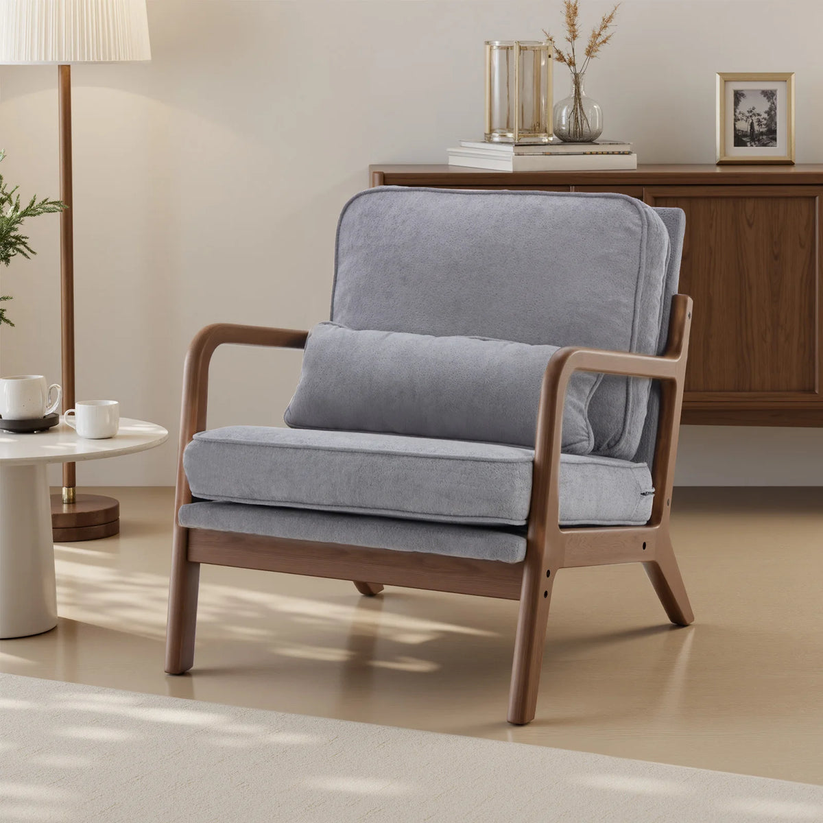 JHK Mid Century Modern Wooden Accent Chair With Lumbar Cushion