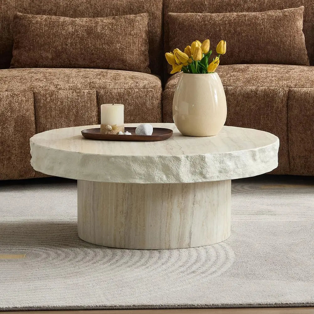 36" Oval Coffee Table, Modern Faux Stone Circle Center Table Accent Travertine Tea Table for Living Room, Magnesium, Customized