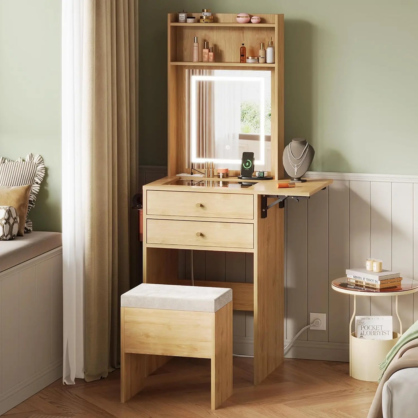 Small Black Vanity Desk with Mirror and Lights, Compact Makeup Vanity Set with Fold-up Panel and Chair, Dressing, Customized