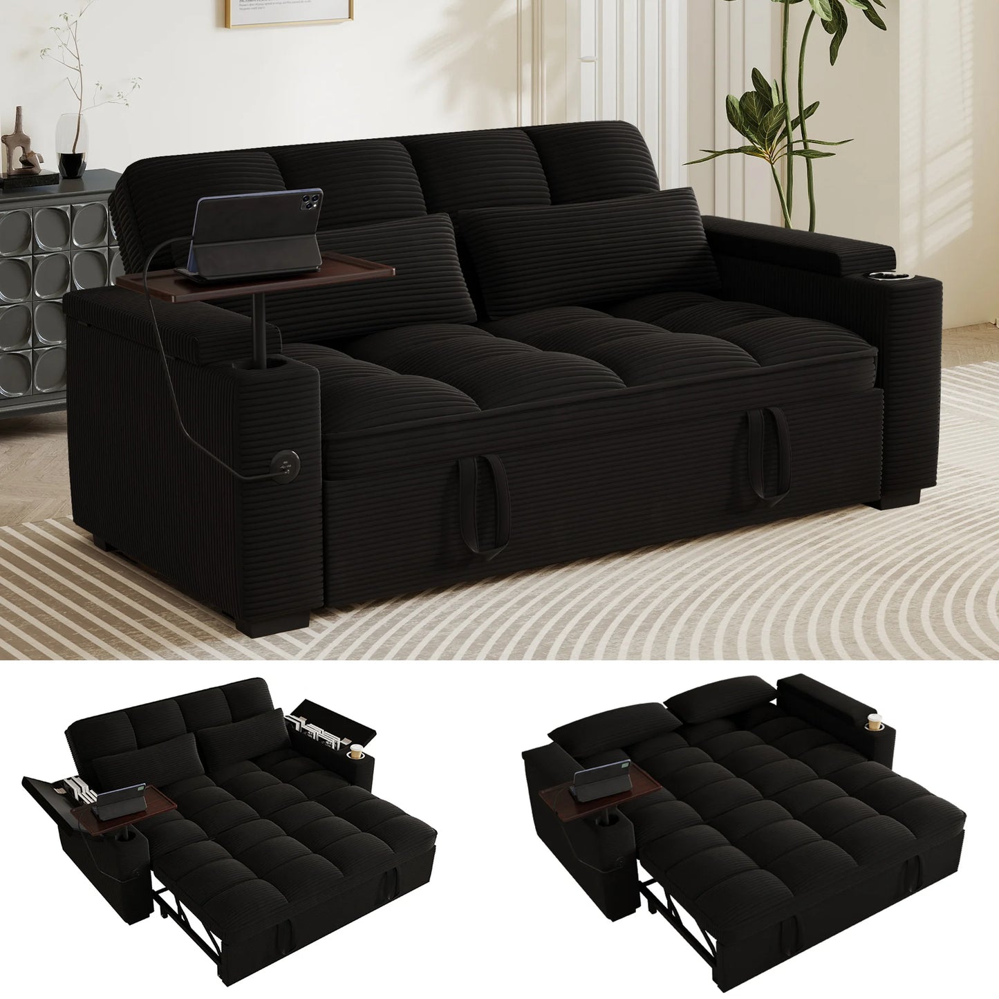 Convertible Folding Sofa Bed With Corduroy Fabric And USB Charging