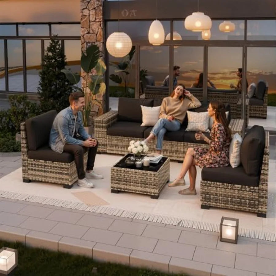6 Piece Wicker Rattan Patio Sectional Sofa Set with Thick Cushions for Backyard Poolside Garden Wide Armrest Outdoor Furniture