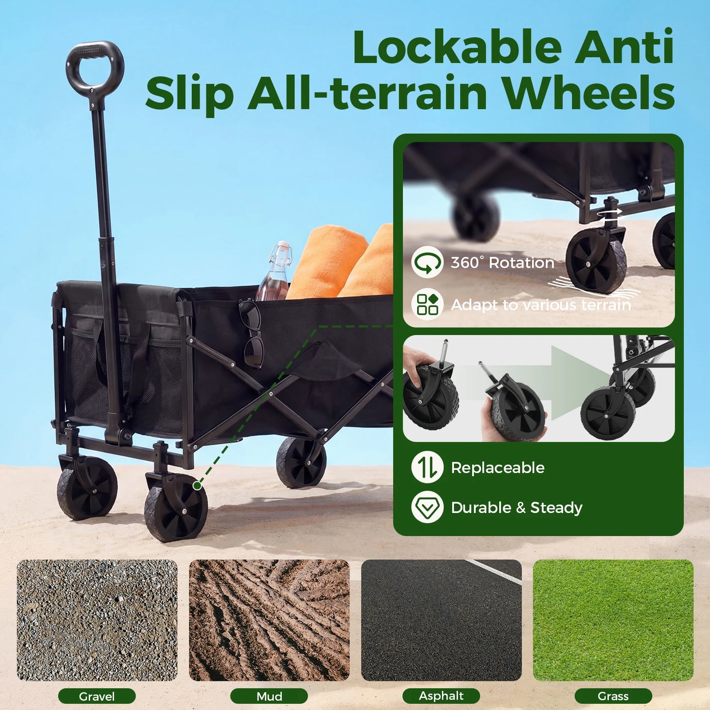 JHK 220 Lb Heavy Duty Collapsible Wagon Cart With Wheels