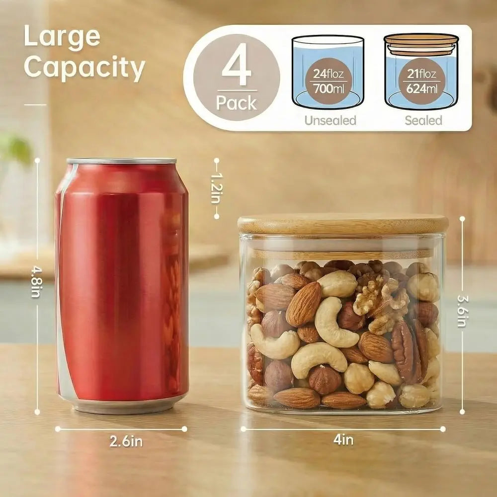 21oz 4 Pack Square Glass Jars with Bamboo Lids, Airtight Food Storage Containers, Pantry Storage for Coffee, Sugar, Spice, Meal