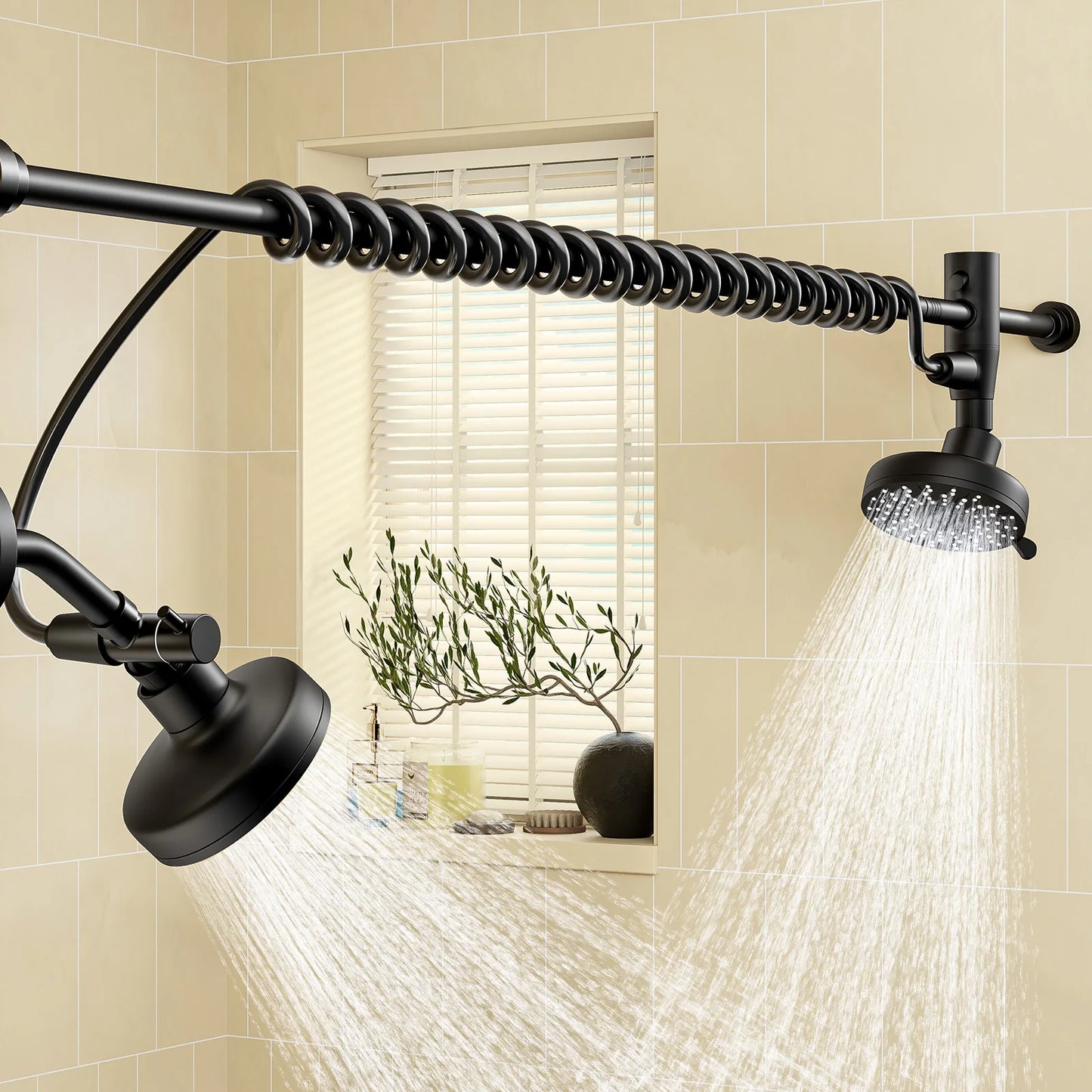 Tandem Dual Shower Head Adjustable Slider High Pressure Stainless Steel Wall Mounted