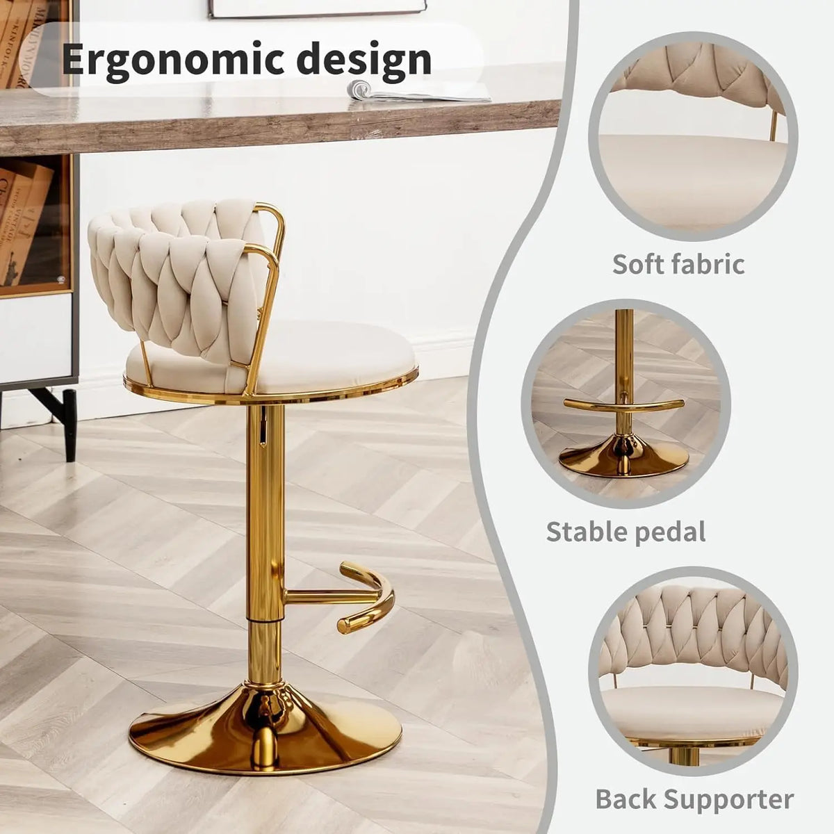 Adjustable Velvet Counter Height Bar Stool Set 3 Low Back 360° Swivel Kitchen Island Pub Chair , Custom