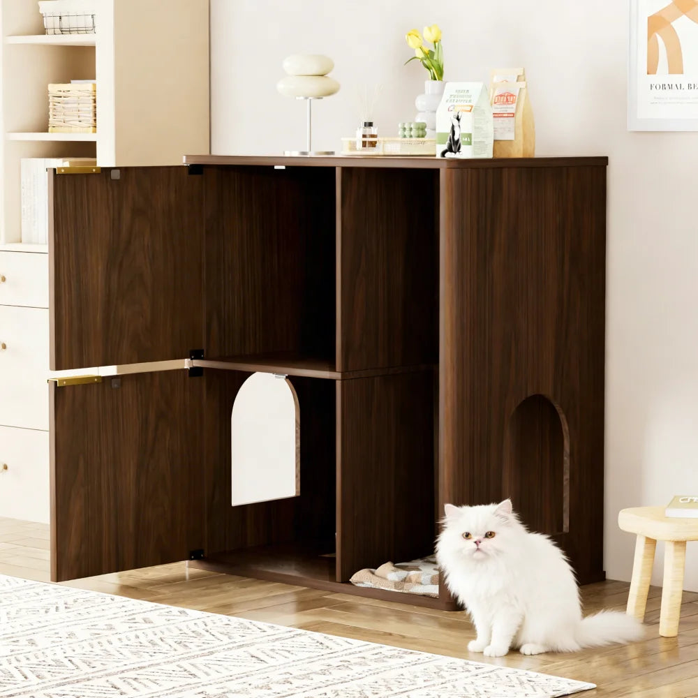 Walnut Cat Litter Cabinet Cat Tree - Grooved Concealed Litter Featuring Dual Cat Doors and Storage Shelves,Versatile Pet Cabinet