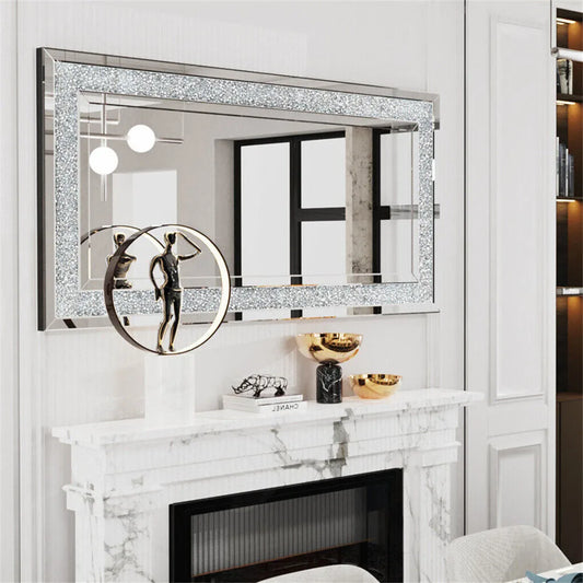 Crystal Crush Diamond Rectangle Silver Wall Mirror For Home Decoration
