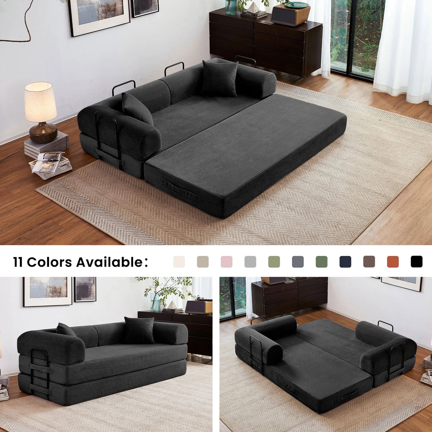 Convertible Futon Sofa Bed Foldable Couch With L Shaped Arms