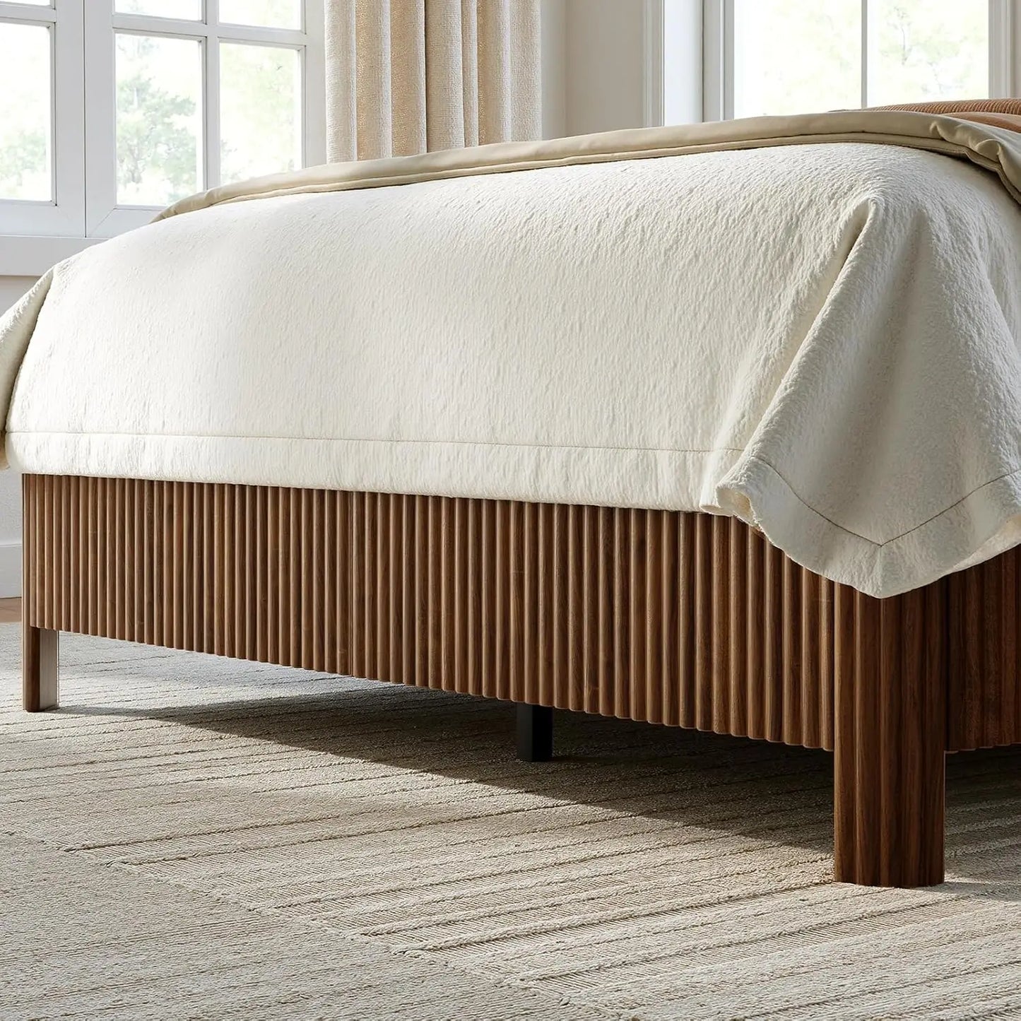 Walnut Queen Platform Bed Frame Fluted Mid Century Modern Boho No Box Spring Wavy Grooved Panel, Customized