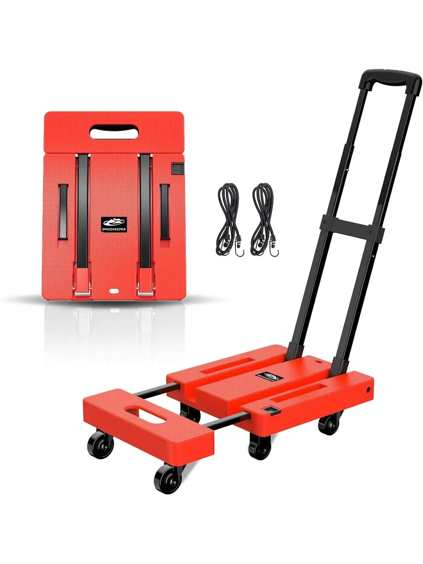 SPACEKEEPER Folding Hand Truck, 500 LB Heavy Duty Luggage Cart, Utility Dolly Platform Cart With 6 Wheels & 2 Elastic Ropes For