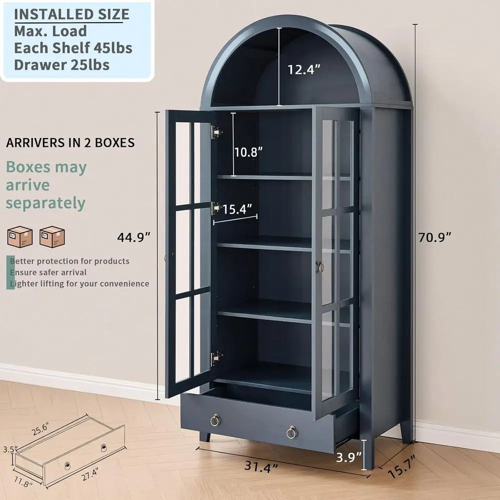 Bamboo Arched Display Cabinet With Glass Doors And Adjustable Shelves