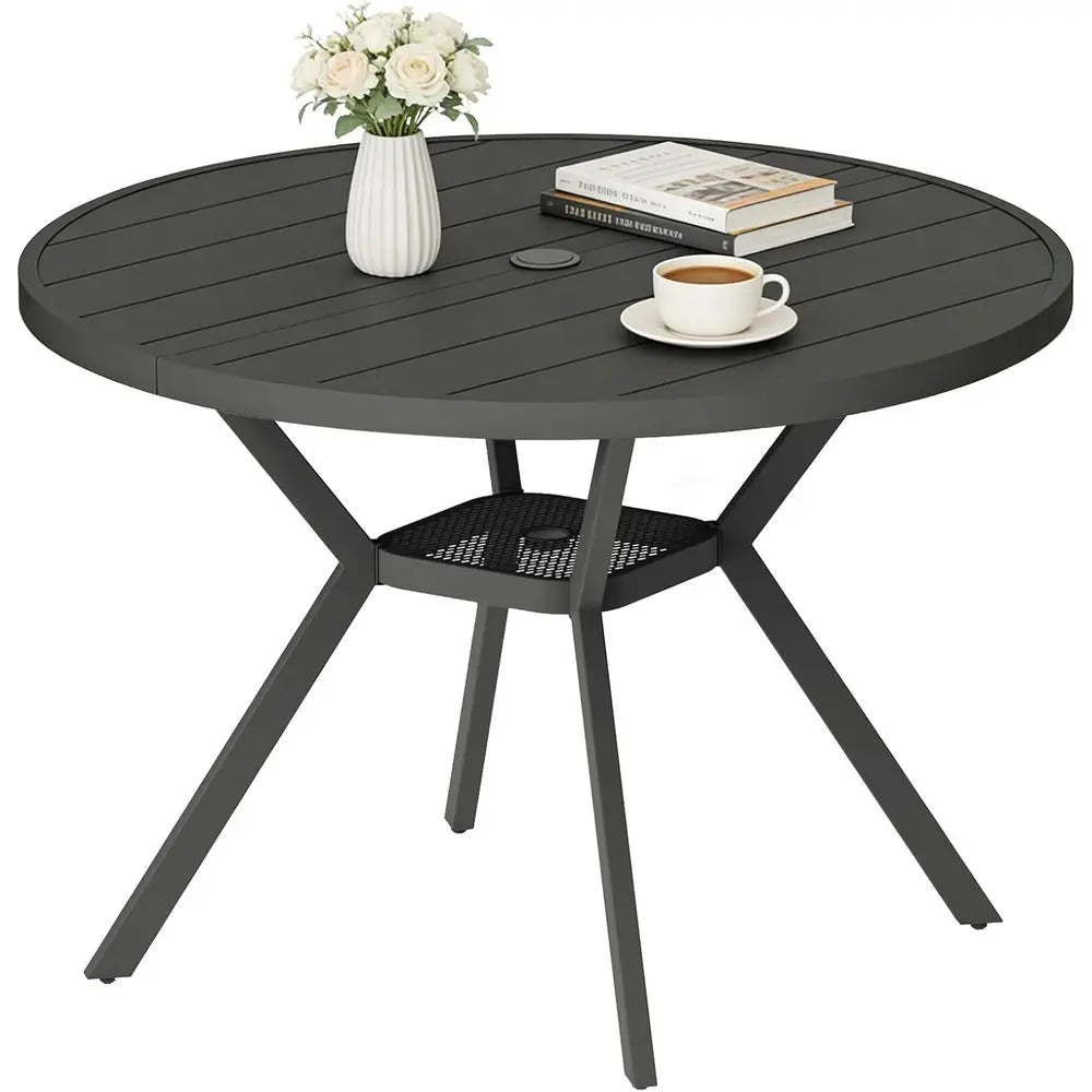 Round All-Weather Metal Patio Dining Table with Adjustable Umbrella Hole for Outdoor Garden and Backyard, Black