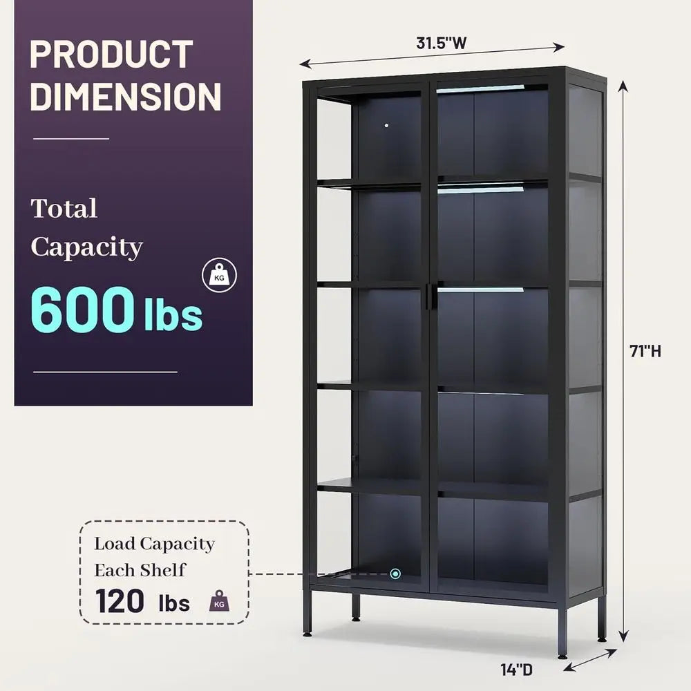 71 High Glass Display Cabinet with LED Sensor Lights, Adjustable Shelves for Living Room, Bedroom, or Kitchen