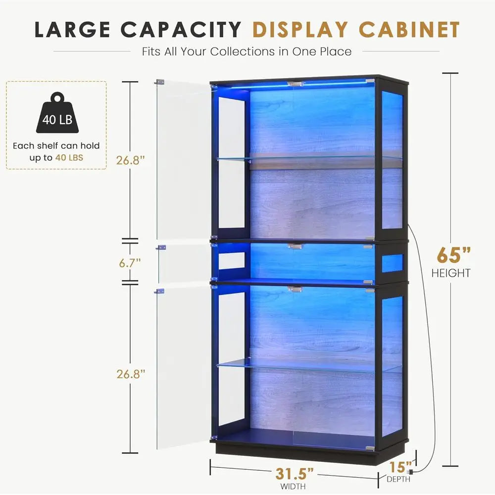 Lighted Glass Display Cabinet For Collectibles With Color Changing Lights