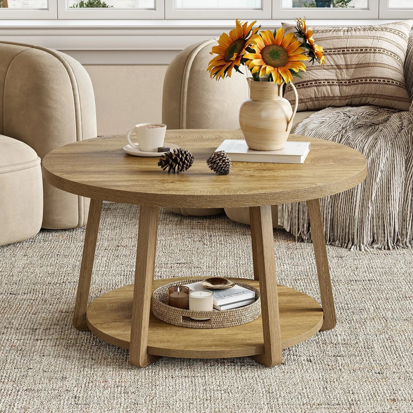 Tribesigns Round Coffee Table, 2-Tier Center Table with Storage, Wooden Legs, for Living Room, Bedroom, Easy Assembly