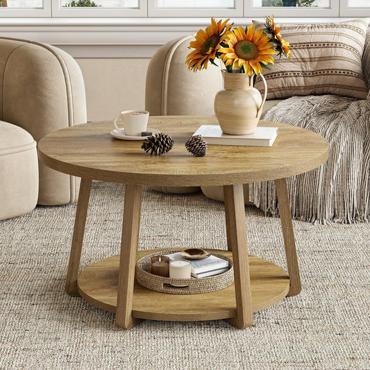 Tribesigns Round Coffee Table, 2-Tier Center Table with Storage, Wooden Legs, for Living Room, Bedroom, Easy Assembly