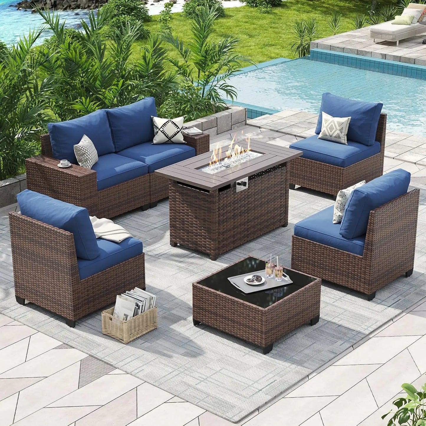 Outdoor Rattan Patio Sectional Set With Integrated Fire Pit Table