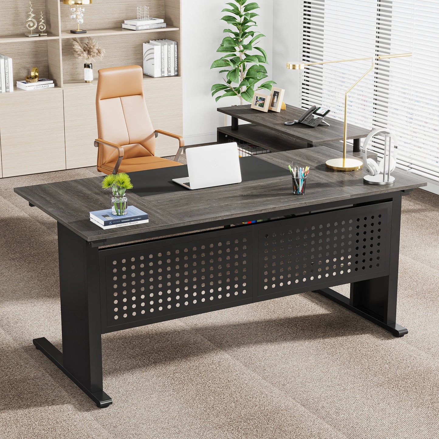 Tribesigns 63 Inch Executive Desk with File Cabinet, Large Office Desk L Shaped Computer Desk with Drawers and Storage Shelves