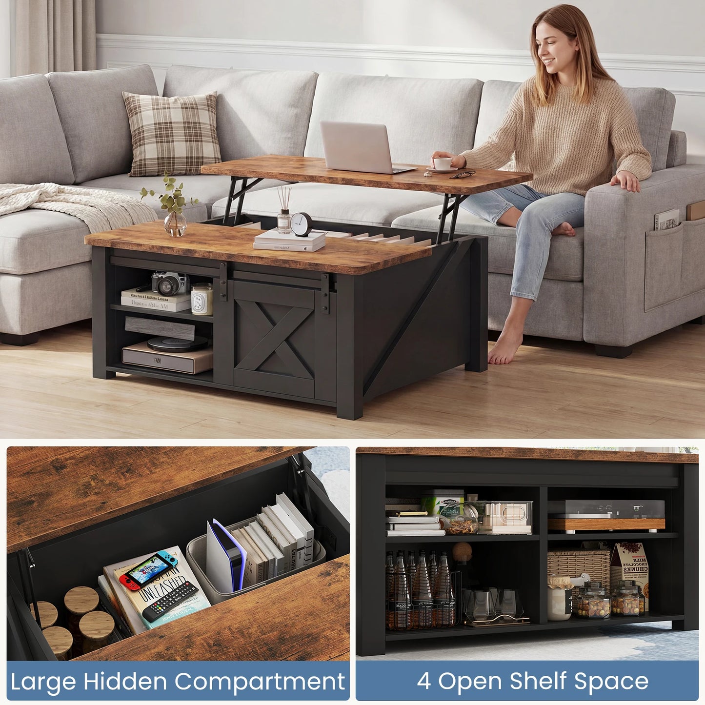 MCQ Lift Top Coffee Table With Adjustable Storage Shelf