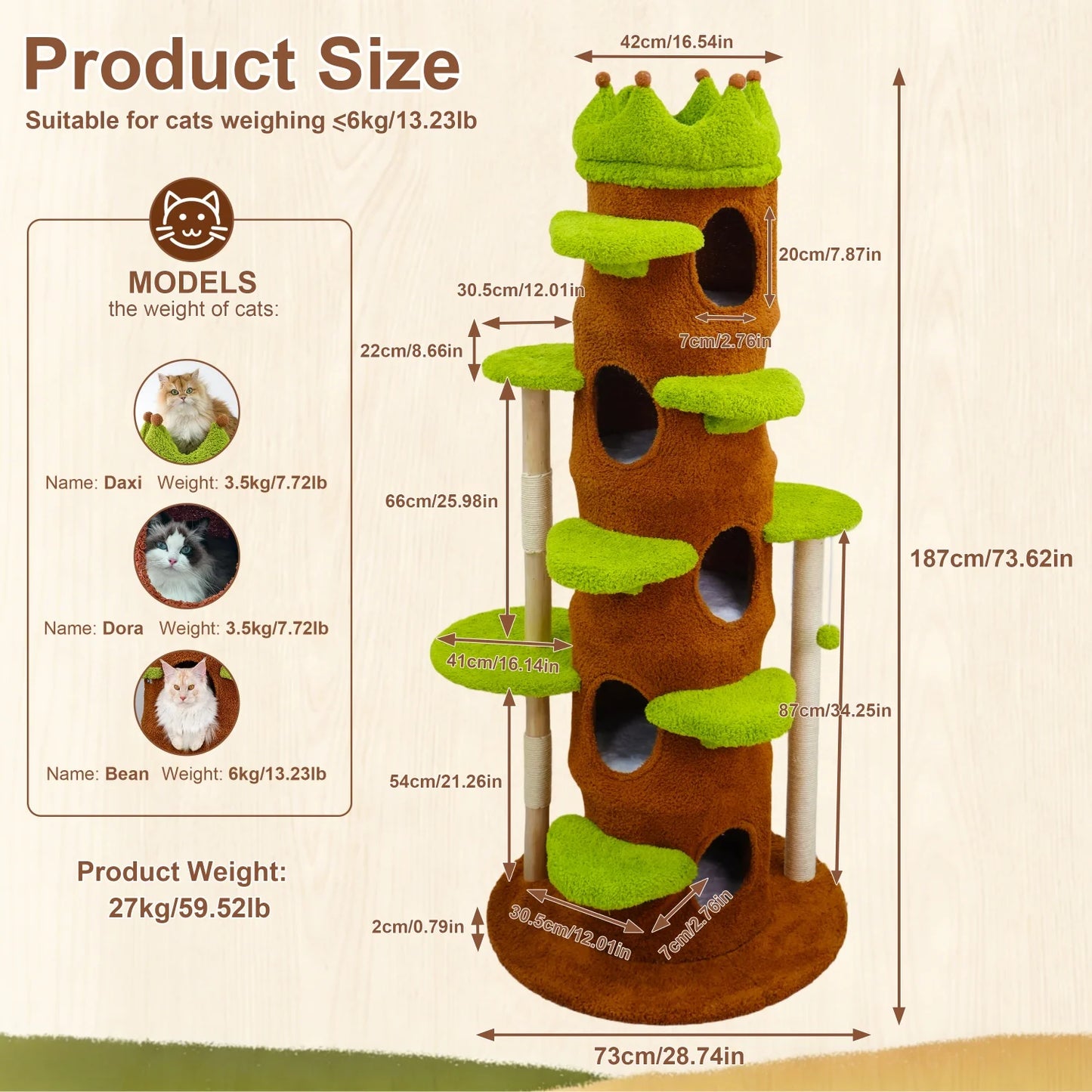 Wooden Cat Tree Tower With Crown Perch Plush Steps Cats