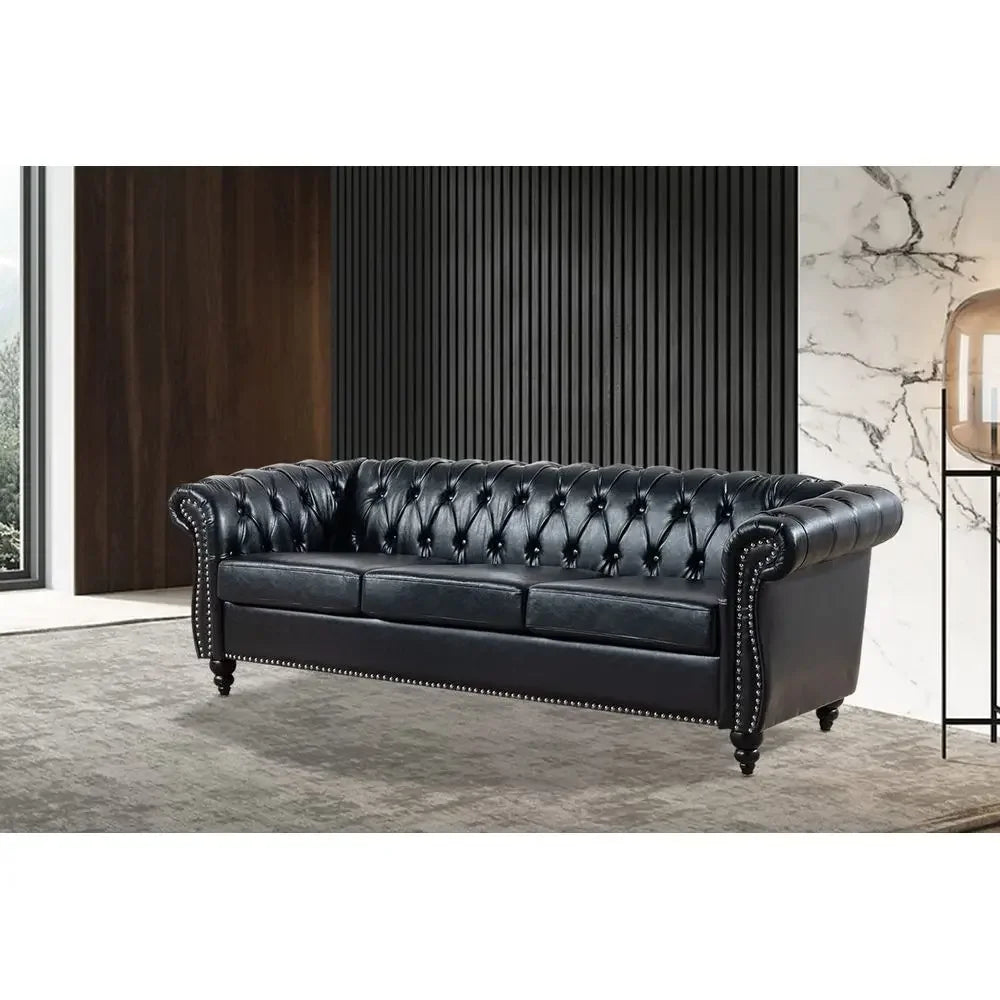 Chesterfield Leather Sofa for Living Room, Comfy DeepSeated 3Seater Sofa for Bedroom, Office, or Apartment. Luxury Classic Sofa