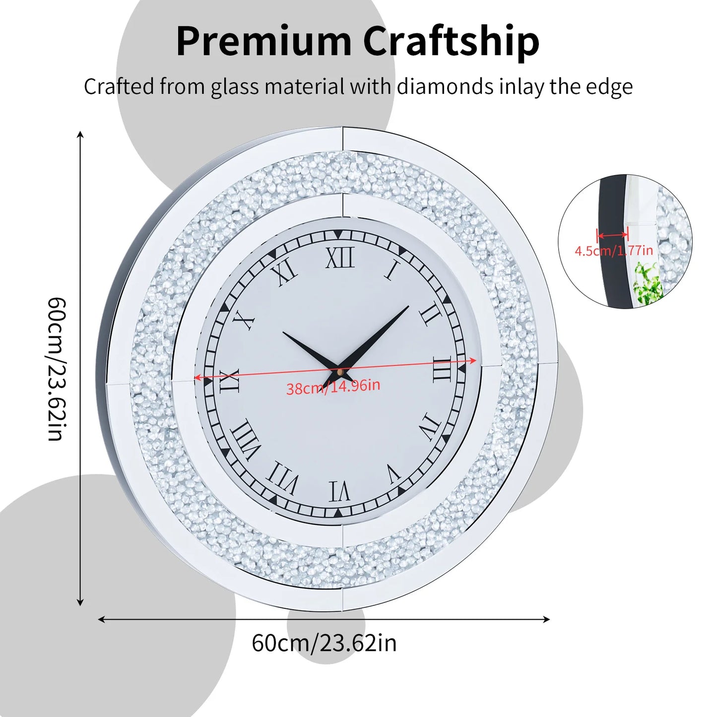 Crystal Mirror Wall Clock With Mute Speaker For Living Room
