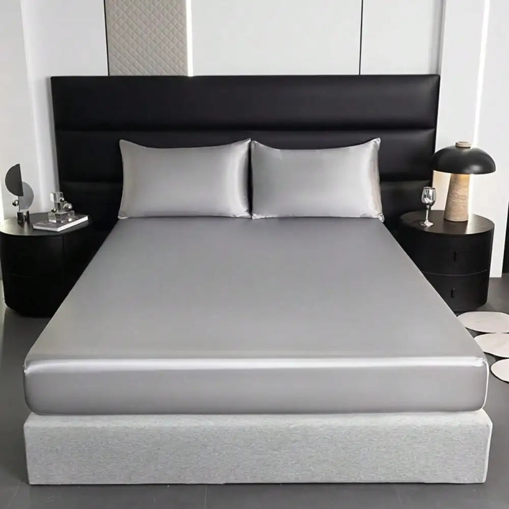 Luxurious Solid Silky Satin Fitted Sheet Set With Pillowcases