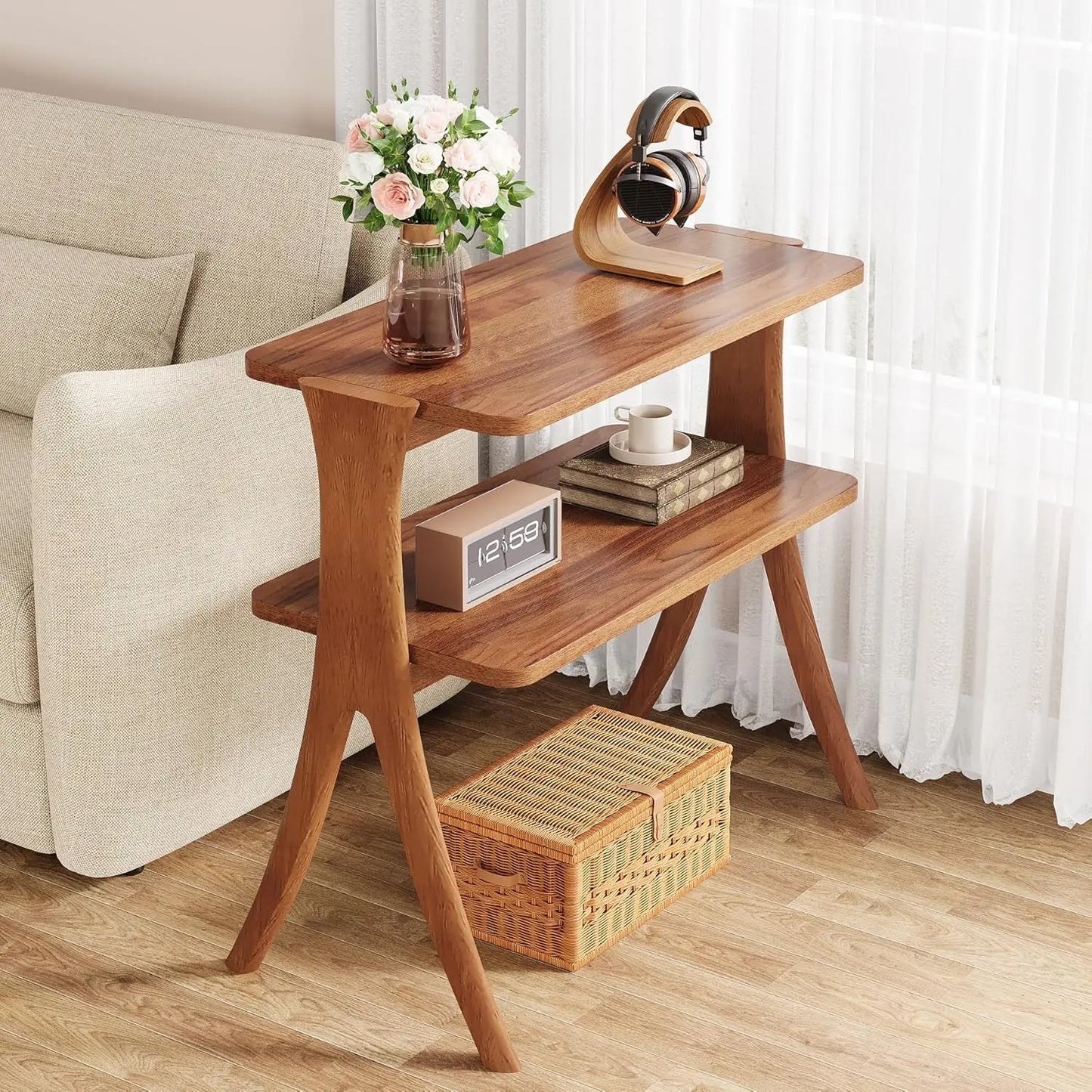 Little Tree Side Table With 2-Tier Storage, Farmhouse End Table