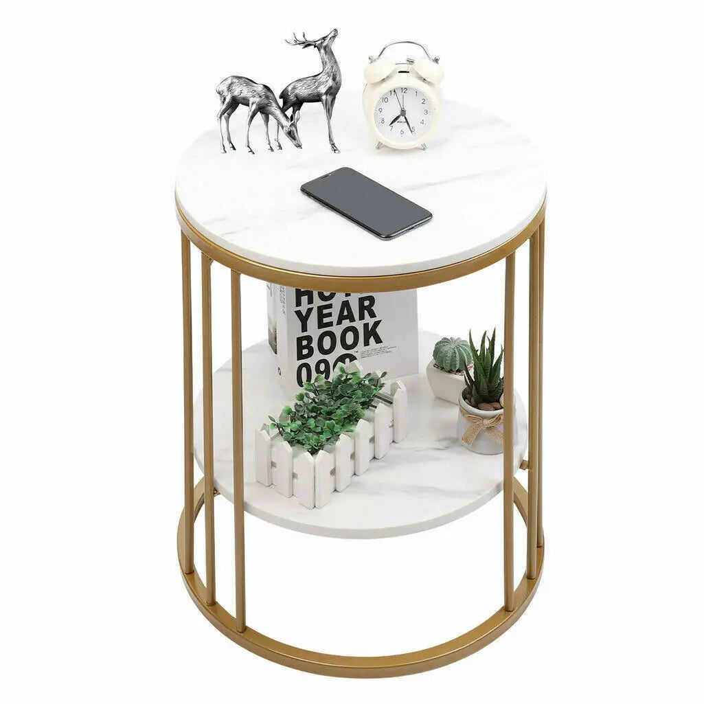 Wisfor 2-Tier White Marble Round Side Table For Living Room