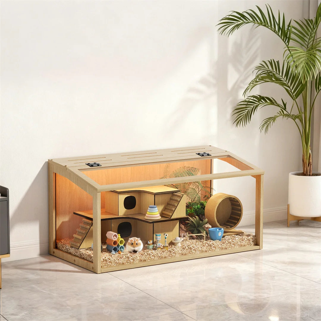Sturdy Wooden Hamster Cage Featuring Tempered Glass And Ventilation